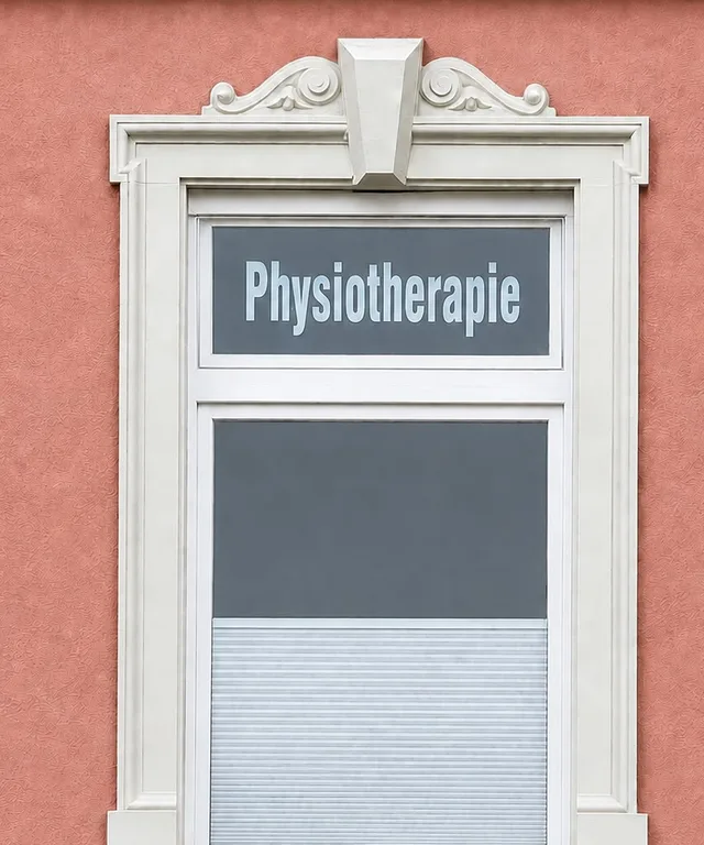 Praxisfenster mit Schriftzug Physiotherapie